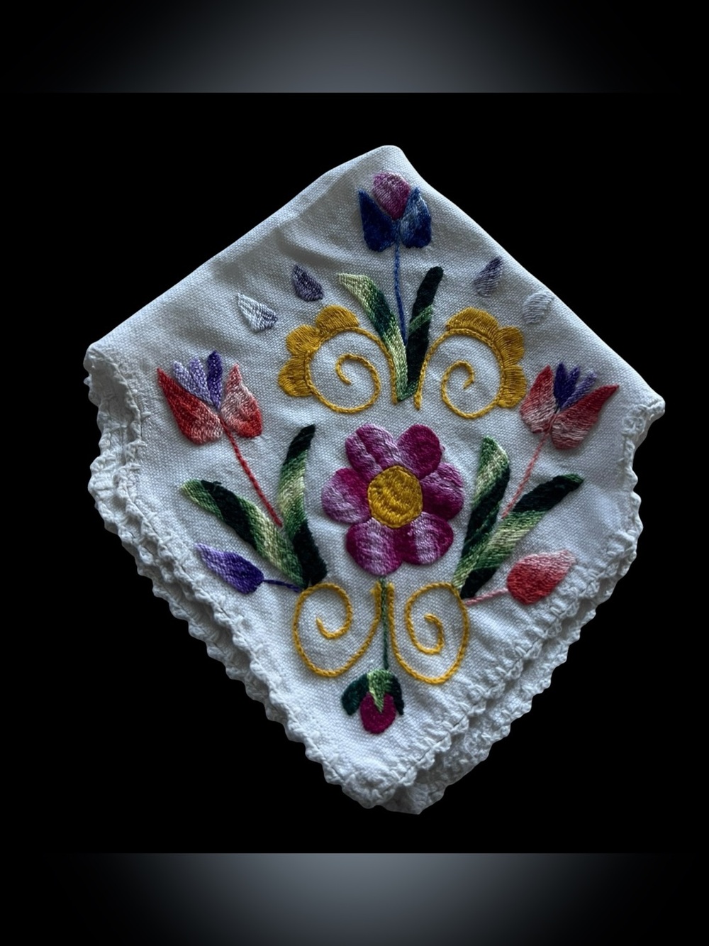 Vintage Embroidered Bread Basket Liner Cottagecore Floral Linen Doily Handmade